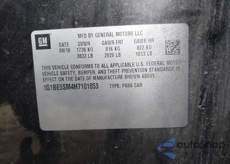 2017 Chevrolet Cruze Lt Auto from USA, damaged, VIN 1G1BE5SM4H7101853